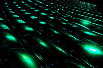 Generative AI illustration of abstract background of dark tunnel with glowing green lights in rows