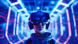 © ADDICTIVE STOCK - Generative AI image of little boy in futuristic goggles interacting with virtual reality while exploring cyberspace in bright room