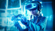 © ADDICTIVE STOCK - Generative AI image of young woman in futuristic goggles interacting with virtual reality while exploring cyberspace in bright room