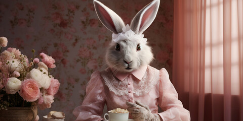 Wall Mural - bunny with pink granny clothes