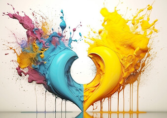 Wall Mural - Blue and yellow heart-shaped paint burst against a white background. An imagined scene of a broken heart. His beloved concept. AI generated.