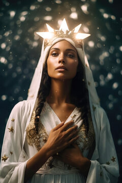 A pure woman dressed in white with stars on her head Bible Revelation Generative AI Illustration