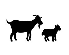 Goat And Kid Silhouette In Black Color. Mammal Farm Domestic Animal. Baby Goat Has Horns. Vector Illustration About Family. Symbol Of Meat And Milk