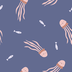 Wall Mural - Jellyfishes and fishes, seamless pattern. Endless marine background, cute sea medusa character floating in ocean water. Kids underwater print in Scandinavian style. Childish flat vector illustration
