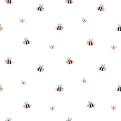 Poster - Bumblebees and butterflies, seamless pattern. Cute flying insects, endless background in Scandinavian style. Childish repeating print. Kids flat vector illustration for textile, fabric, wrapping
