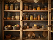 A cozy cottage-style pantry with wooden shelving filled with jars of home preserves and a variety of dry goods.