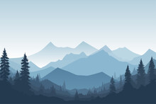 Silhouette Of A Mountain Range With Pine Trees, Nature Vector Landscape