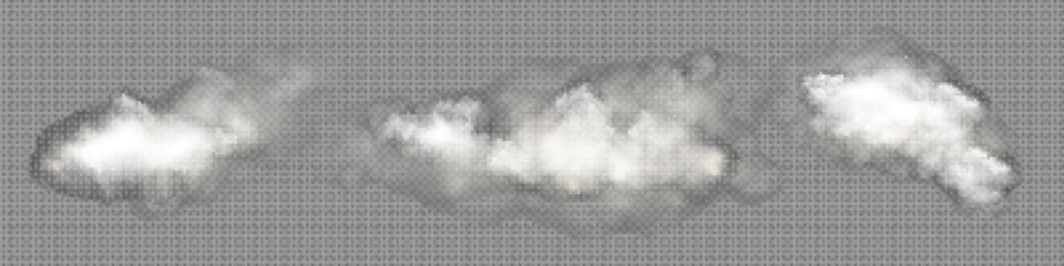 Poster - Transparent vector white cloud sky realistic set. Fog smoke png texture isolated design. Abstract cloudy air effect with day light icon collection. 3d beautiful nature atmosphere vapor smoky steam