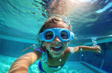 Generative AI Illustration Showing Underwater View Of Cute Cheerful Little Girl In Goggles Diving In Water In Bright Blue Pool With Bubbles