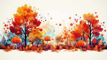 doodle autunnale, banner di foglie autunnali con colori caldi su sfondo bianco scontornabile