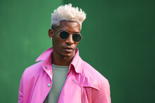 Generative AI Illustration Of Stylish Black Man With White Dyed Hair And In Pink Shirt With Sunglasses On Green Background