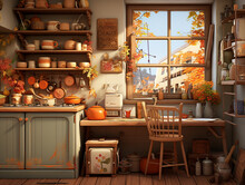 Cucina Di Casa Accofgliente Con I Colori Dell'autunno, Zucche E Dettagli, 