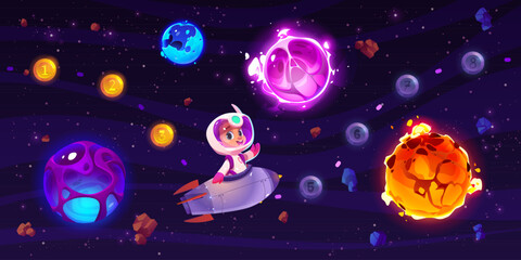 Poster - level map with kid astronaut on rocket in space background illustration. progress bar with boy child