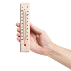 Hand holding thermometer showing low temperature, cut out