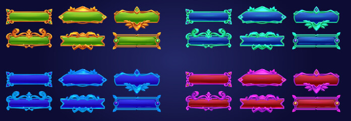Poster - Game button gold frame ui cartoon fantasy design. Fantasy banner element for rpg menu interface in pink, red and blue color texture. Title bar panel icon with ancient ornate border shape collection