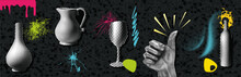 Collage Vector Illustration Grunge Banner. Dotted Punk Halftone Collage Elements Like Pot, Jug, Bottle, Thumbs-up Sign Doodle On Retro Dark Background Poster. Stylish Modern Advertising Design
