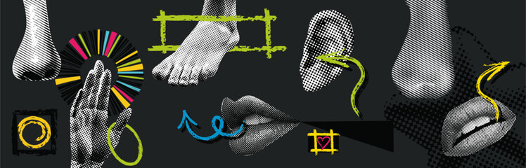 collage vector illustration grunge banner. dotted punk halftones collage elements like lips, eyes, e