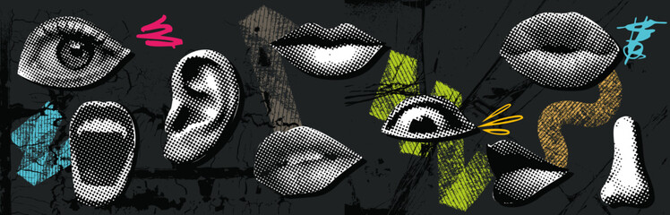 Collage vector illustration grunge banner. dotted punk halftone collage elements like lips, eyes, ears, nose mouth doodle elements on retro poster. Stylish modern advertising design
