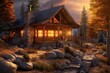 Wooden log cabin in the mountains at sunset. 3D rendering