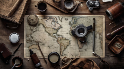 topshot of an old map with different travel items, background wallpaper. Generative AI