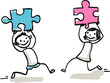 Team of man and woman holding up puzzle to make a connection or find a solution together in the office or workshop. Digital hand drawn vector illustration in whiteboard sketchnote doodle style.