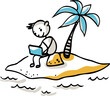Digital nomad programmer working remote on a tropical island surrounded by the sea. Vector illustration in a cartoon-sketchnote-style isolated on white background.