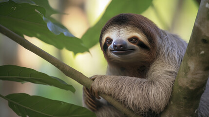 Wall Mural - a cute sloth sits on a tree and looks at the camera with a smile. Generative AI