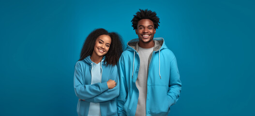 Portrait of a young adult afro american couple smiling against blue solid color background. Image generative AI.