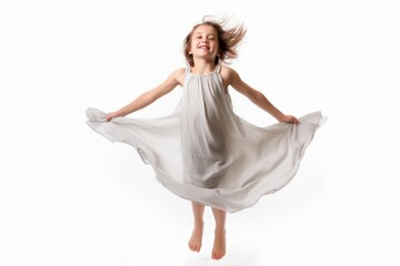 Sticker - Little girl jumping in white dress isolated on white background. Studio shot.