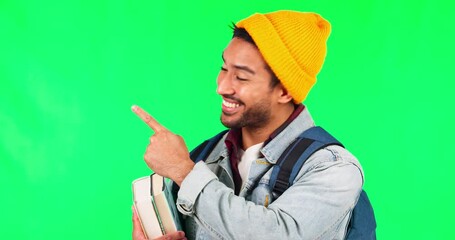 Leinwandbilder - Pointing, student books and man on green screen for university, college or education presentation. Information, registration steps and happy face of a college person in backpack on studio background