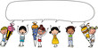Hand-drawn Vector Cartoon template boys and girls at school speaking a message in a big bubble. Colored Vector Sketchnote illustration showing diverse boys and kids.