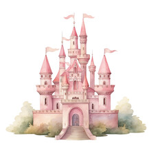 Pink Watercolor Princess Castle Isolated. Illustration AI Generative.
