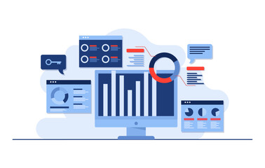 Business data analysis flat illustration, Market Research, Planning, Product testing, statistics, financial infographic, management concept for landing page, mobile app, social media, web banner 
