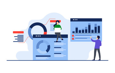 A team of specialists looking at business analytics dashboards, Business analysis, SEO optimization, Financial reports, Statistics, Financial Research, Marketing, Team monitoring investments
