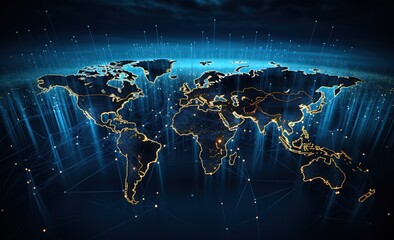 Poster - Planet map. World map. global social network. future. Blue futuristic background with earth planet. Floating blue plexus geometric background.