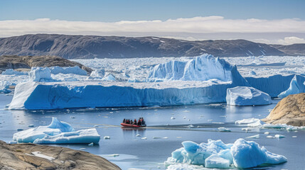 Wall Mural - tourists swim with a boat between huge ice glaciers. Generative AI