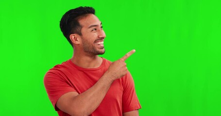 Poster - Green screen, presentation and man pointing to marketing space and announcement or information, Yes, offer and happy face of asian person show mockup, creative design or guide on studio background