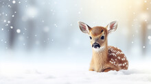 Cute Little Baby Deer Or Fawn On The White Snow. Digital Illustration Generative AI.