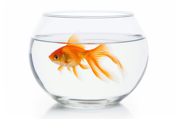Wall Mural - Goldfish swimming in a glass fishbowl isolated on a white background