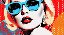 Pop Art Retro Midmod Fashion Girl Vintage Glam Lady Orange Polkadot Backdrop, Wearing Blue Rimmed Sunglasses With Blonde Short Hair, Fun Midmod 1960 1950 Style Illustration (generative AI, AI)