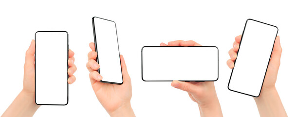 set of woman hands using smartphone with blank screen, isolated on transparent background