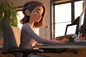 Aufkleber - Cartoon Modern Woman Working from Home on Laptop Computer: Business and Productivity Concept. Generative AI illustrations