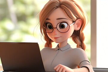 Aufkleber - Cartoon Modern Woman Working from Home on Laptop Computer: Business and Productivity Concept. Generative AI illustrations