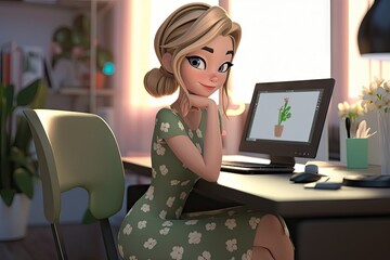 Aufkleber - Cartoon Modern Woman Working from Home on Laptop Computer: Business and Productivity Concept. Generative AI illustrations