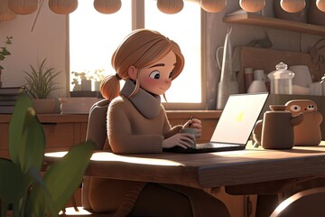 Aufkleber - Cartoon Modern Woman Working from Home on Laptop Computer: Business and Productivity Concept. Generative AI illustrations