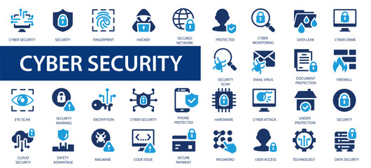 Cyber security icons set. Computer and internet security symbols icons set. Modern outline elements, graphic design concepts.