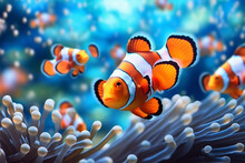 Clown Anemonefish Swimming In The Sea. 3d Rendering