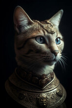 A Cat In An Ancient Warrior Outfit Isolated On Background.Front View.Created With Generative Ai