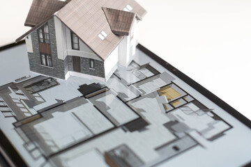Poster - Small house model is on screen tablet and icons home electronics devices connecting with wireless. Smart home controlled and Automation system technology of things.