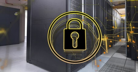 Poster - Animation of security padlock icon and light trails against computer server room